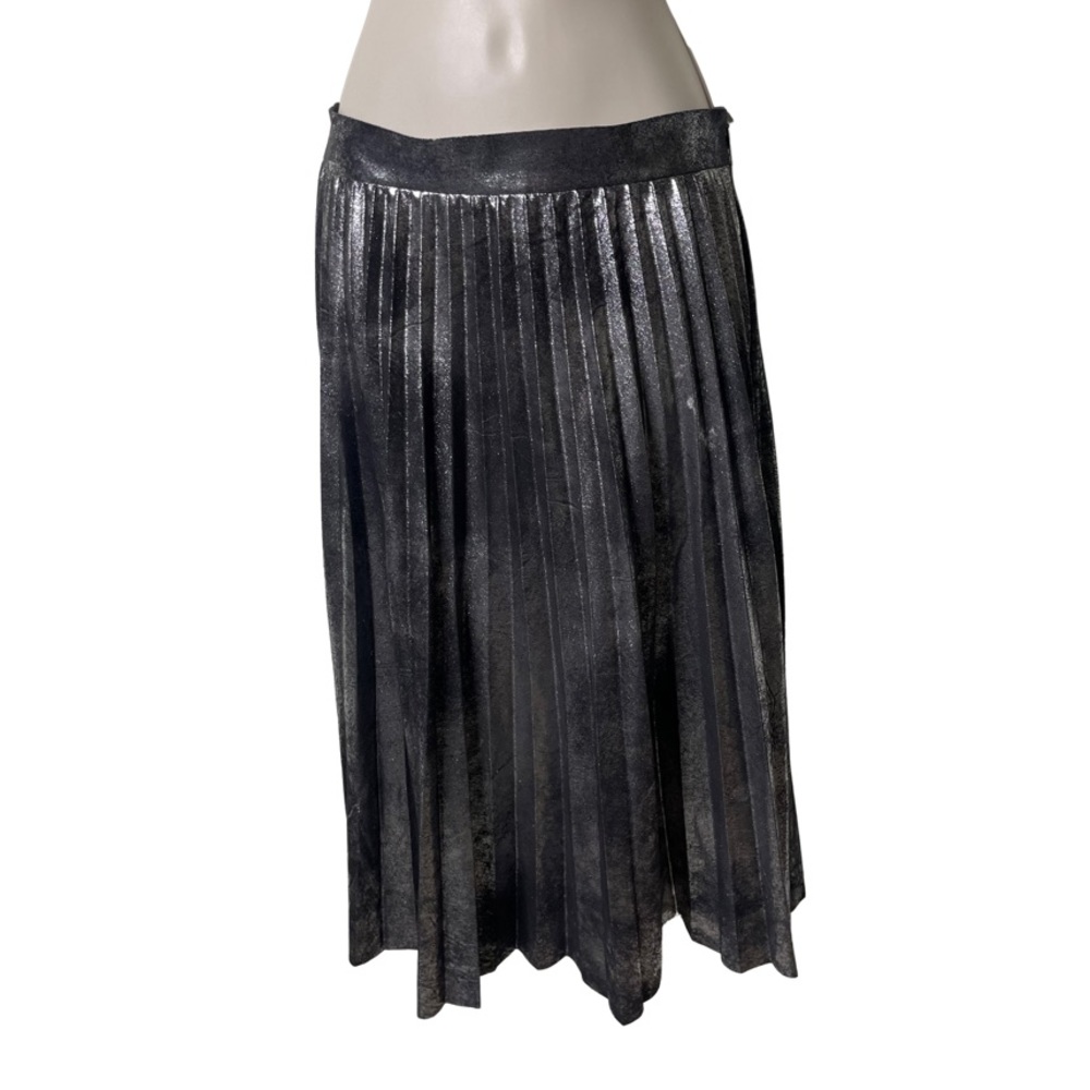 Zara Metallic Sheen Effect Silver Black Velvet-feel Pleated Midi Skirt M
